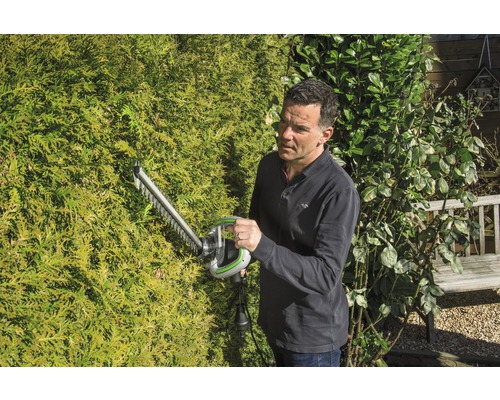 Mann schneidet Hecke mit einer Heckenschere