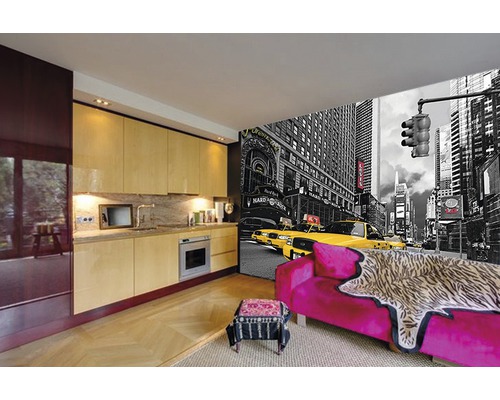 Wohnraum mit Küchenzeile und New York Fototapete