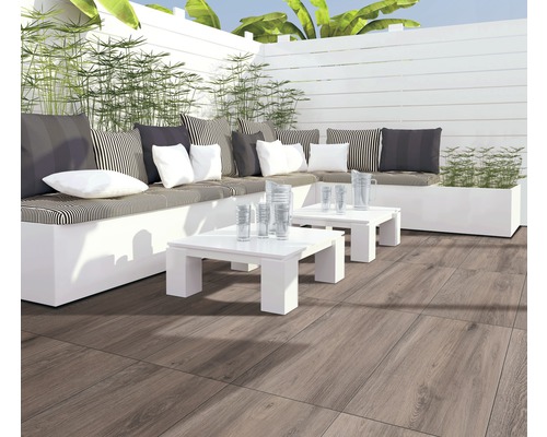 FLAIRSTONE Feinsteinzeug Terrassenplatte Wood Mocca rektifizierte Kante 90 cm x 45 cm x 2 cm