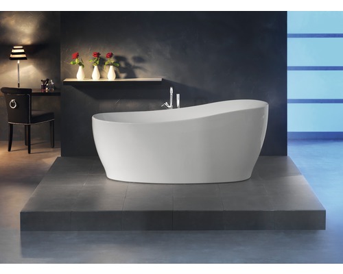Ovale Badewanne OTTOFOND Sempre 85 x 180 cm weiß glatt 703911 Modernes Badezimmer mit freistehender Badewanne, Waschtisch und dekorativen Elementen