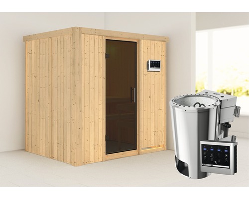 Plug & Play Sauna Karibu Wanja inkl. 3,6 kW Bio Ofen u.ext.Steuerung ohne Dachkranz mit graphitfarbiger Ganzglastüre