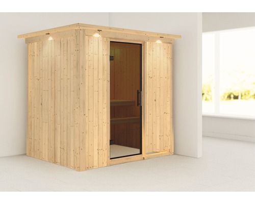 Plug & Play Sauna Karibu Wanja ohne Ofen mit Dachkranz und graphitfarbiger Ganzglastüre