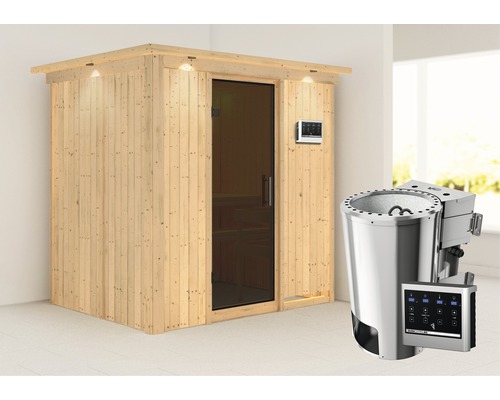 Plug & Play Sauna Karibu Wanja inkl. 3,6 kW Bio Ofen u.ext.Steuerung mit Dachkranz und graphitfarbiger Ganzglastüre