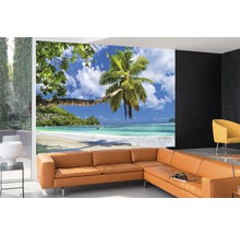Wohnzimmer mit Fototapete mit Strandmotiv und Palme
