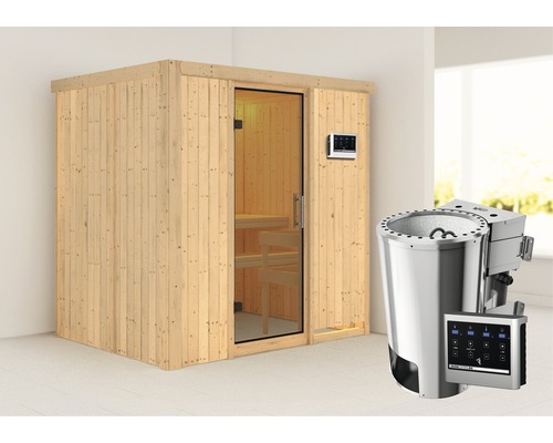 Plug & Play Sauna Karibu Wanja inkl. 3,6 kW Bio Ofen u.ext.Steuerung ohne Dachkranz mit Ganzglastüre aus Klarglas