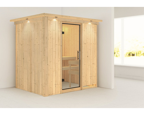 Plug & Play Sauna Karibu Wanja ohne Ofen mit Dachkranz und Ganzglastüre aus Klarglas