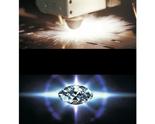Oben: Laserschneiden von Metall mit Funken. Unten: Facettierter Diamant.