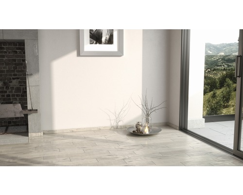 Heller Raum mit Holzboden, Kamin und Blick nach draußen