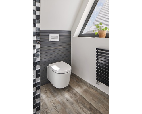 Badezimmer mit hängendem WC, Holzfußboden und Dachfenster