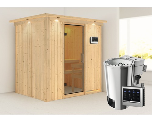 Plug & Play Sauna Karibu Wanja inkl. 3,6 kW Bio Ofen u.ext.Steuerung mit Dachkranz und Ganzglastüre aus Klarglas