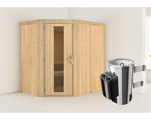 Plug & Play Sauna Karibu Laja inkl. 3,6 kW Ofen u.integr.Steuerung ohne Dachkranz mit Holztüre aus Isolierglas wärmegedämmt