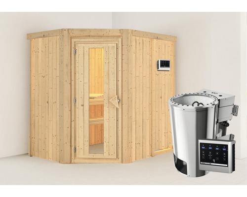 Plug & Play Sauna Karibu Laja inkl. 3,6 kW Bio Ofen u.ext.Steuerung ohne Dachkranz mit Holztüre aus Isolierglas wärmegedämmt