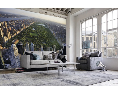 Wohnzimmer mit Fototapete, Sofa, Sessel und Teppich