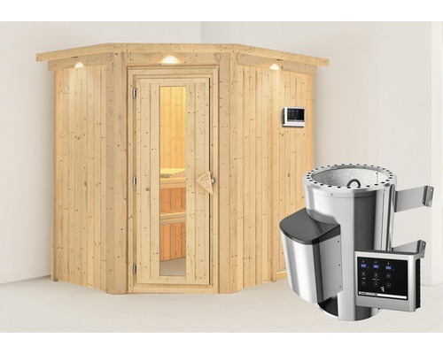 Plug & Play Sauna Karibu Achat IV inkl. 3,6 kW Ofen u.ext.Steuerung mit Dachkranz und Holztüre aus Isolierglas wärmegedämmt