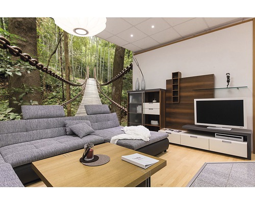 Wohnzimmer mit Fototapete einer Hängebrücke im Wald, Sofa, Couchtisch und TV-Möbel