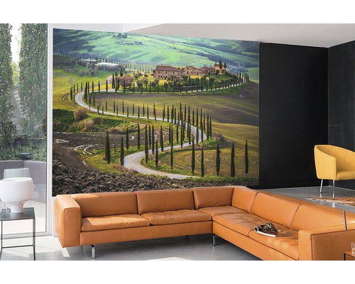 Wohnraum mit Fototapete einer toskanischen Landschaft mit Zypressenallee