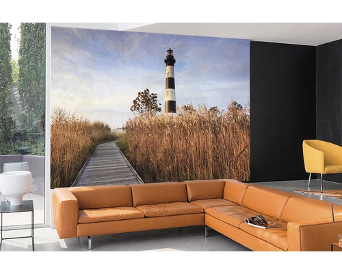 Wohnzimmer mit Fototapete mit Leuchtturmmotiv