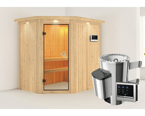 Plug & Play Sauna Karibu Laja inkl. 3,6 kW Ofen u.ext.Steuerung mit Dachkranz und bronzierter Ganzglastüre