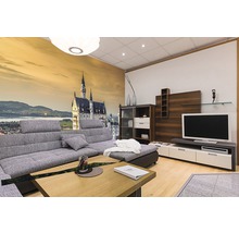 Wohnzimmer mit grauer Eckcouch, Wohnwand und Fototapete mit Schlossmotiv