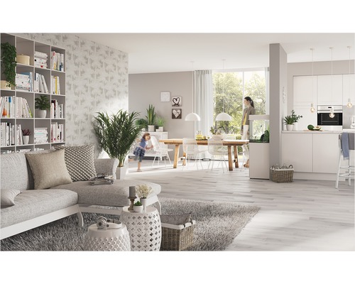 Wohnzimmer mit Sofa, Regal, Esstisch und Küche in einem offenen Raumkonzept.