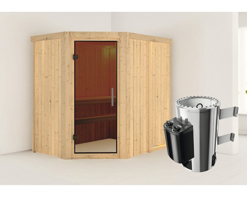Plug & Play Sauna Karibu Laja inkl. 3,6 kW Ofen u.integr.Steuerung ohne Dachkranz mit graphitfarbiger Ganzglastüre