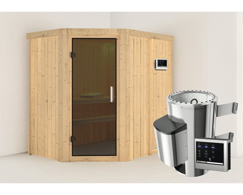 Plug & Play Sauna Karibu Laja inkl. 3,6 kW Ofen u.ext.Steuerung ohne Dachkranz mit graphitfarbiger Ganzglastüre