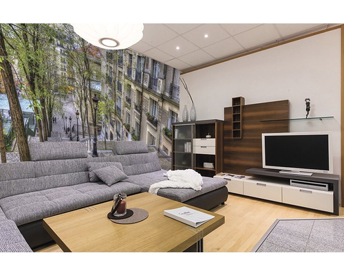 Wohnzimmer mit grauer Couch, Holztisch und Wandbild einer Pariser Straße