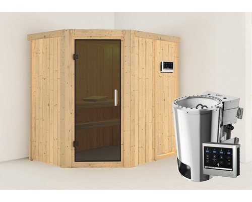 Plug & Play Sauna Karibu Laja inkl. 3,6 kW Bio Ofen u.ext.Steuerung ohne Dachkranz mit graphitfarbiger Ganzglastüre
