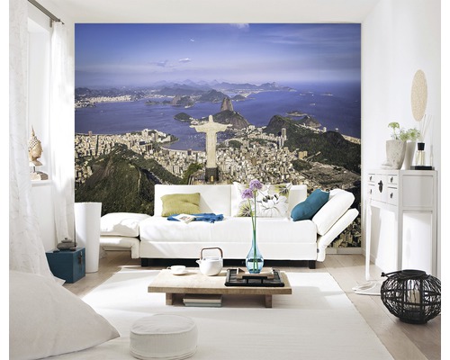 Wohnzimmer mit Fototapete von Rio de Janeiro, Brasilien, mit Christusstatue