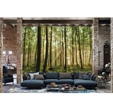 Wohnzimmer mit Wald Fototapete, Couch und Ziegelwand