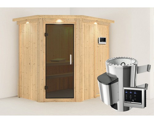 Plug & Play Sauna Karibu Laja inkl. 3,6 kW Ofen u.ext.Steuerung mit Dachkranz und graphitfarbiger Ganzglastüre
