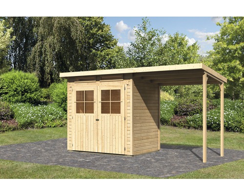 Gartenhaus Karibu Glücksburg 2 mit Anbaudach 415 x 175 cm natur Holzgartenhaus mit Vordach im Garten