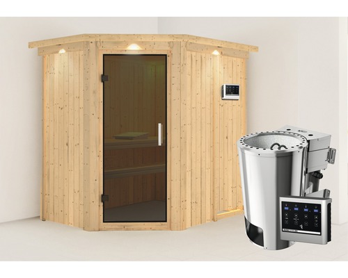 Plug & Play Sauna Karibu Laja inkl. 3,6 kW Bio Ofen u.ext.Steuerung mit Dachkranz und graphitfarbiger Ganzglastüre