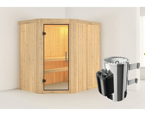Plug & Play Sauna Karibu Laja inkl. 3,6 kW Ofen u.integr.Steuerung ohne Dachkranz mit Ganzglastüre aus Klarglas