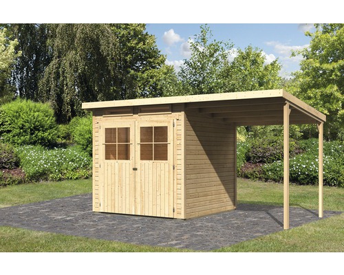 Gartenhaus Karibu Glücksburg 3 mit Anbaudach 415 x 236 cm natur Holzgartenhaus mit Doppeltür und Vordach im Garten