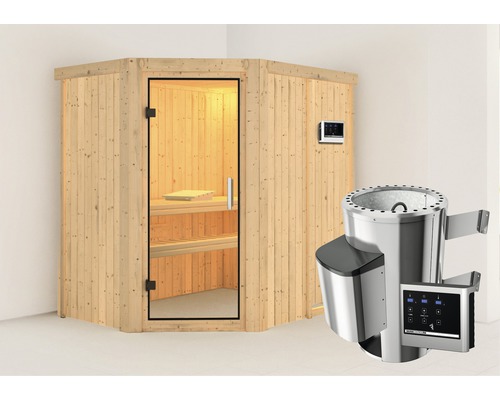 Plug & Play Sauna Karibu Laja inkl. 3,6 kW Ofen u.ext.Steuerung ohne Dachkranz mit Ganzglastüre aus Klarglas