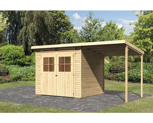 Gartenhaus Karibu Glücksburg 4 mit Anbaudach 439 x 236 cm natur Holzgartenhaus mit Vordach im Garten