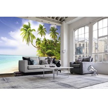Wohnzimmer mit Fototapete mit Palmenmotiv