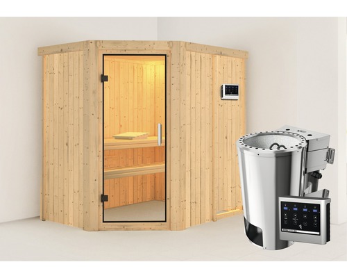 Plug & Play Sauna Karibu Laja inkl. 3,6 kW Bio Ofen u.ext.Steuerung ohne Dachkranz mit Ganzglastüre aus Klarglas