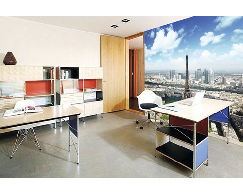 Modernes Büro mit Schreibtischen, Regalen und einer Fototapete mit Parismotiv.
