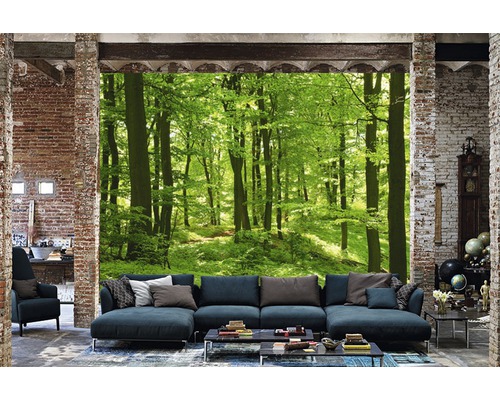 Wohnzimmer mit Fototapete, die einen grünen Wald zeigt