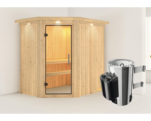 Plug & Play Sauna Karibu Laja inkl. 3,6 kW Ofen u.integr.Steuerung mit Dachkranz und Ganzglastüre aus Klarglas