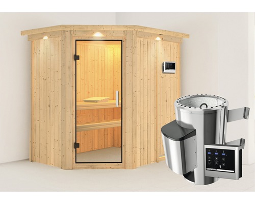 Plug & Play Sauna Karibu Laja inkl. 3,6 kW Ofen u.ext.Steuerung mit Dachkranz und Ganzglastüre aus Klarglas