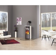 Wohnzimmer mit Kaminofen, Sessel und Esstisch