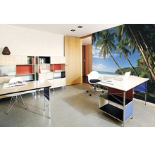 Büro mit Schreibtischen, Regalen und Fototapete
