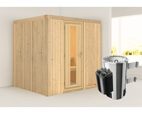 Plug & Play Sauna Karibu Maria inkl. 3,6 kW Ofen u.integr.Steuerung ohne Dachkranz mit Holztüre aus Isolierglas wärmegedämmt