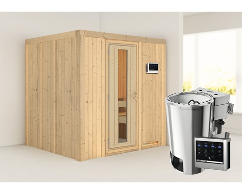 Plug & Play Sauna Karibu Maria inkl. 3,6 kW Bio Ofen u.ext.Steuerung ohne Dachkranz mit Holztüre aus Isolierglas wärmegedämmt