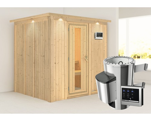 Plug & Play Sauna Karibu Achat VIII inkl. 3,6 kW Ofen u.ext.Steuerung mit Dachkranz und Holztüre aus Isolierglas wärmegedämmt