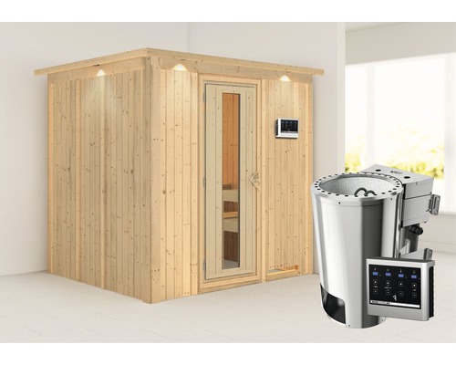 Plug & Play Sauna Karibu Achat VIII inkl. 3,6 kW Bio Ofen u.ext.Steuerung mit Dachkranz und Holztüre aus Isolierglas wärmegedämmt