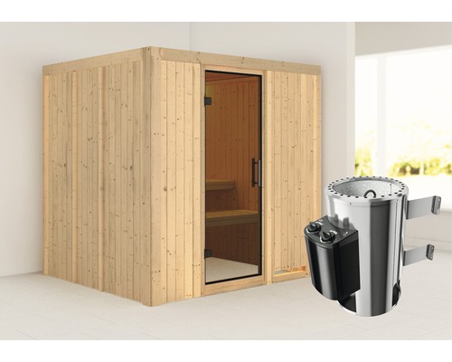 Plug & Play Sauna Karibu Maria inkl. 3,6 kW Ofen u.integr.Steuerung ohne Dachkranz mit graphitfarbiger Ganzglastüre